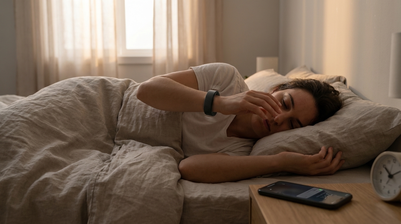 Deep sleeper beginning to wake while wearing a haptic alarm wristband